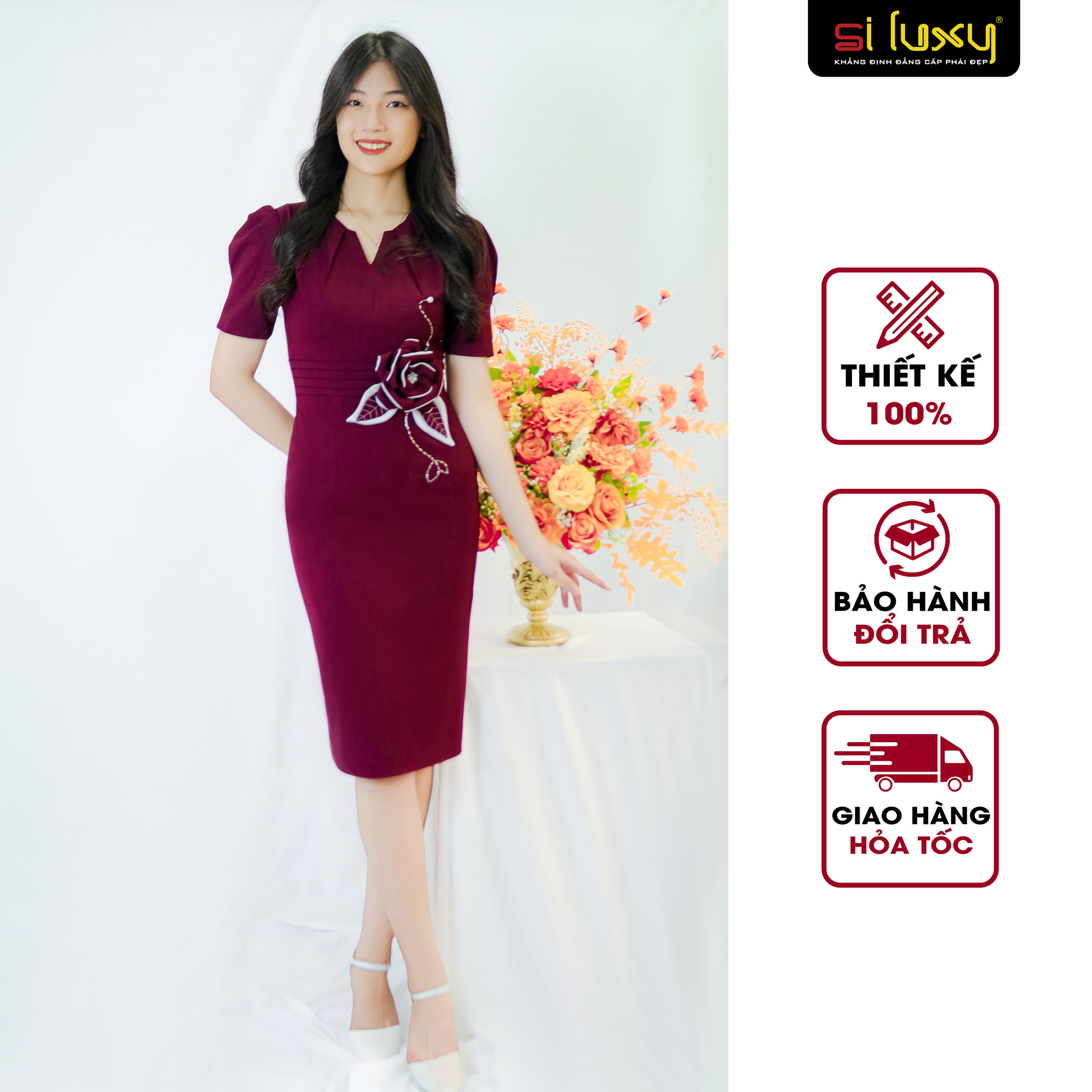 Đầm công sở nữ Siluxy váy thiết kế đỏ đô dáng ôm tay bồng đính hoa eo thủ công tinh tế