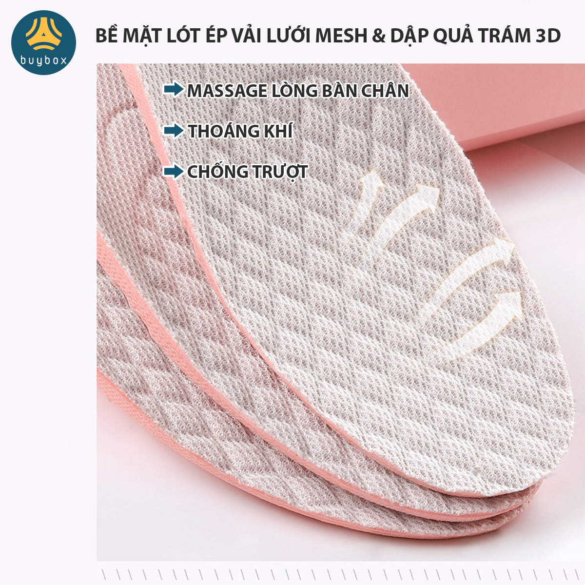 Lót giày tăng chiều cao 1.5cm, 2.5cm, 3cm với đế cao su dẻo cấu trúc tổ ong thoáng khí - Màu hồng mặt vải kem - buybox - BBPK156