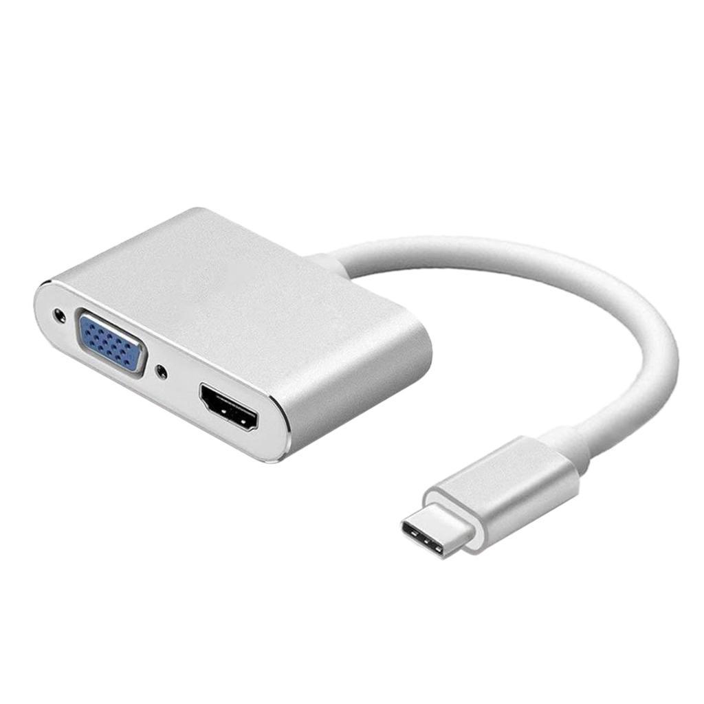 USB-C to  VGA Type-C Hub Adapter Splitter Box for HDTV Silver