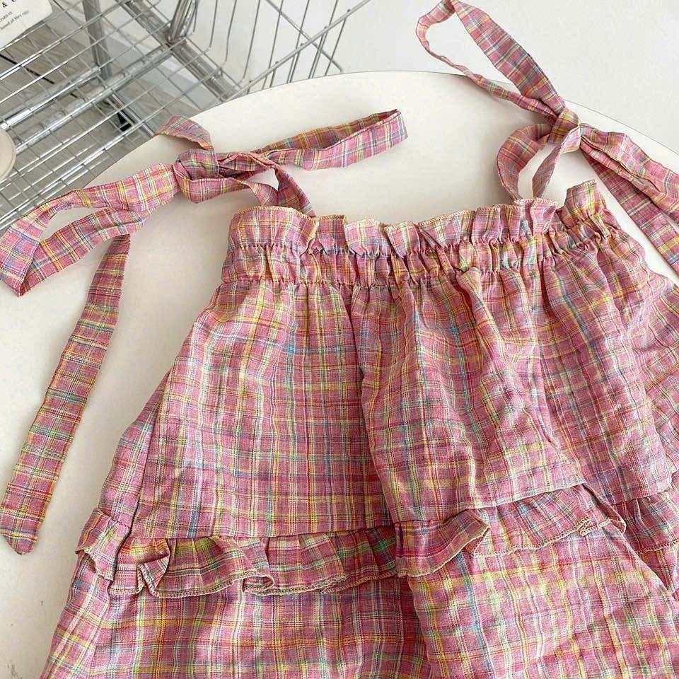 Áo Hai Dây Kẻ Caro Đỏ Ngang Vai Buộc Nơ Vai Áo Tiểu Thư Kẻ Đỏ Viền Bèo Tầng Siêu Xinh