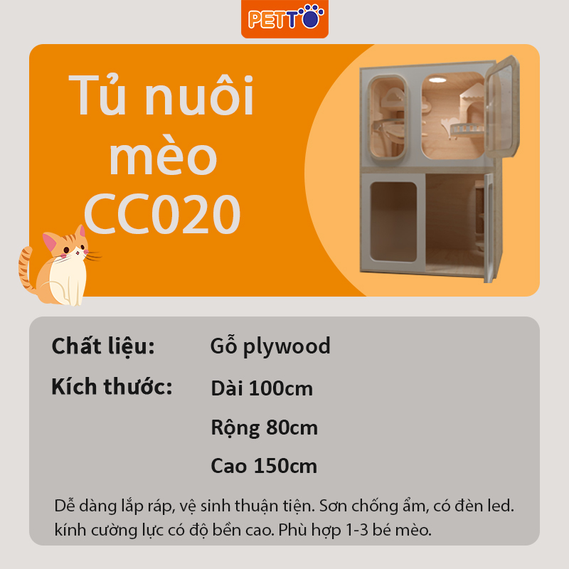 Tủ mèo - tủ gỗ cho mèo bằng gỗ 2 TẦNG nhiều đồ chơi có hệ thống ĐÈN LED cao cấp dành cho 1-2 bé mèo CC020