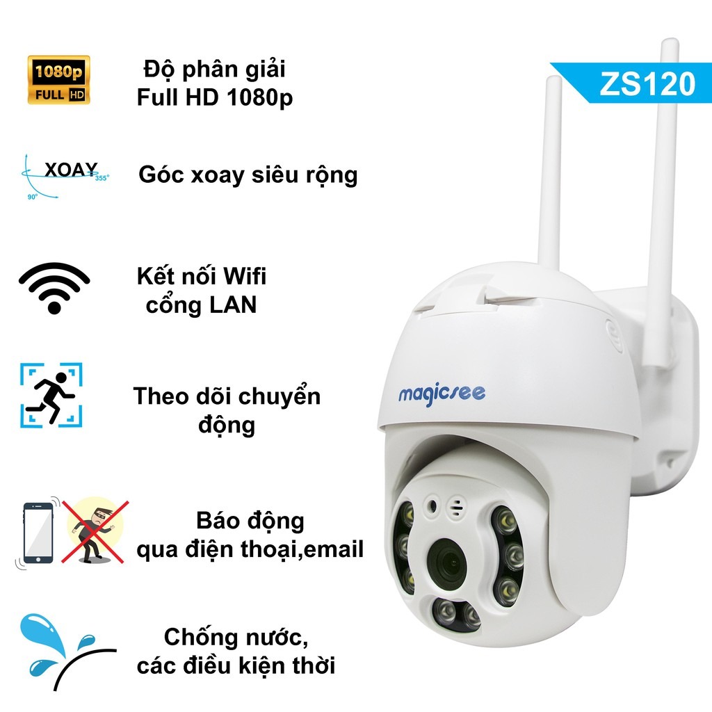 Camera giám sát ngoài trời xoay 360 độ Magicsee ZS120 Chống nước tiêu chuẩn IP68 Kèm thẻ nhớ chính hãng 32G - Hàng Nhập Khẩu