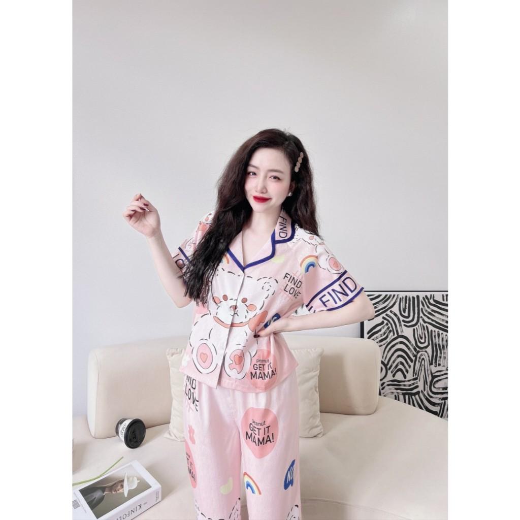 Đồ Bộ Pijama Lụa Xước Cao Cấp Tay Ngắn Quần Dài form crop (gấu) freesize dưới 60kg