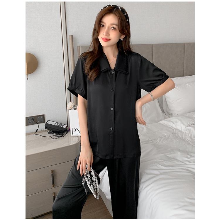Pijama Nữ - Bộ Ngủ Áo Ngắn Quần Dài Vải Lụa Cao Cấp Màu Trơn Cổ Áo Cách Điệu Viền Ren Đẹp CDLP10