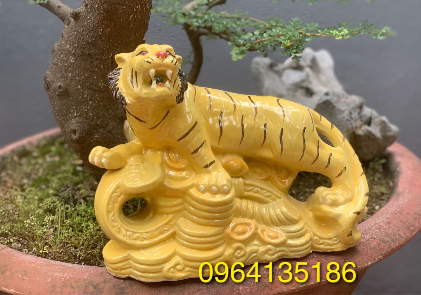 Tượng chậu hổ vàng tài lộc h26cm trồng cây bon sai gốm sứ Bát Tràng