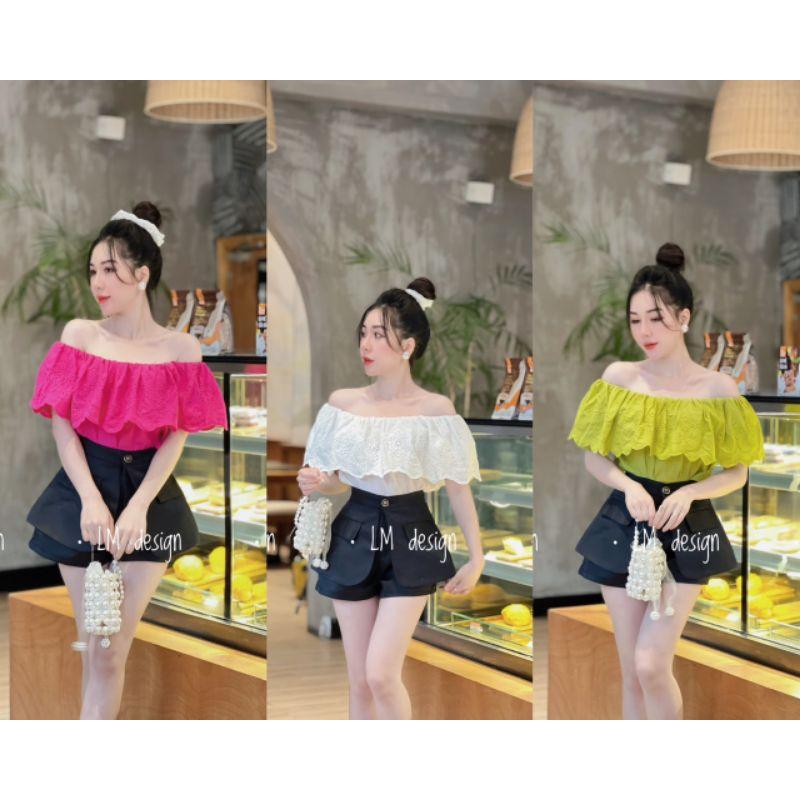 Áo trễ vai vải thô phối ren mềm mát_áo trễ vai kiểu_Sơmi trễ vai đẹp