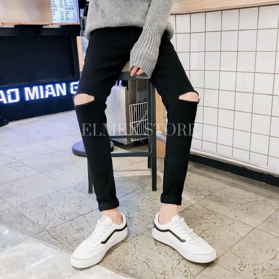 Quần jeans đen rách gối