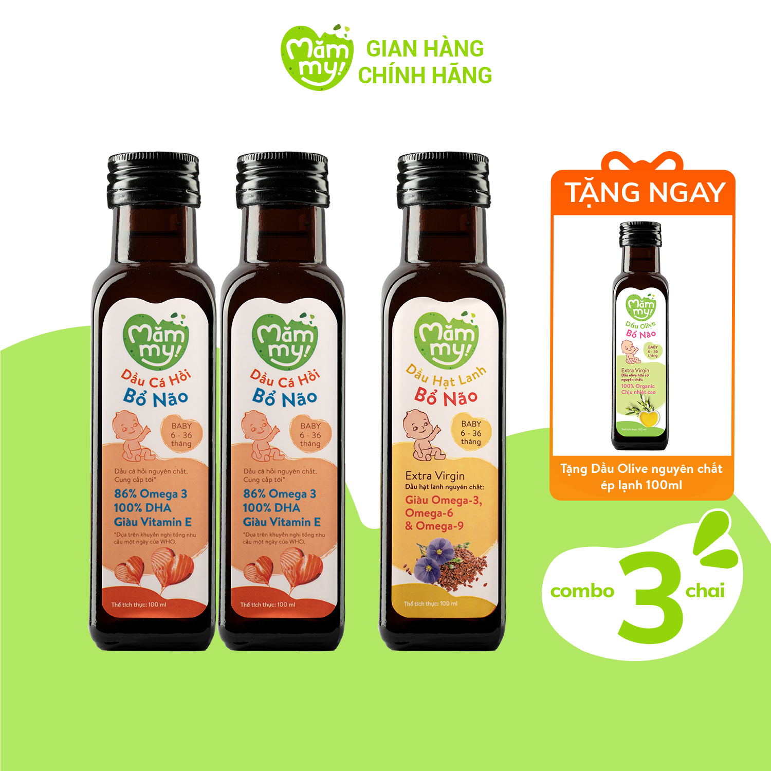 Combo 2 dầu cá hồi, 1 dầu hạt lanh ăn dặm bổ não Mămmy giàu DHA,Omega-3 cho bé từ 6 tháng (100ml/chai)