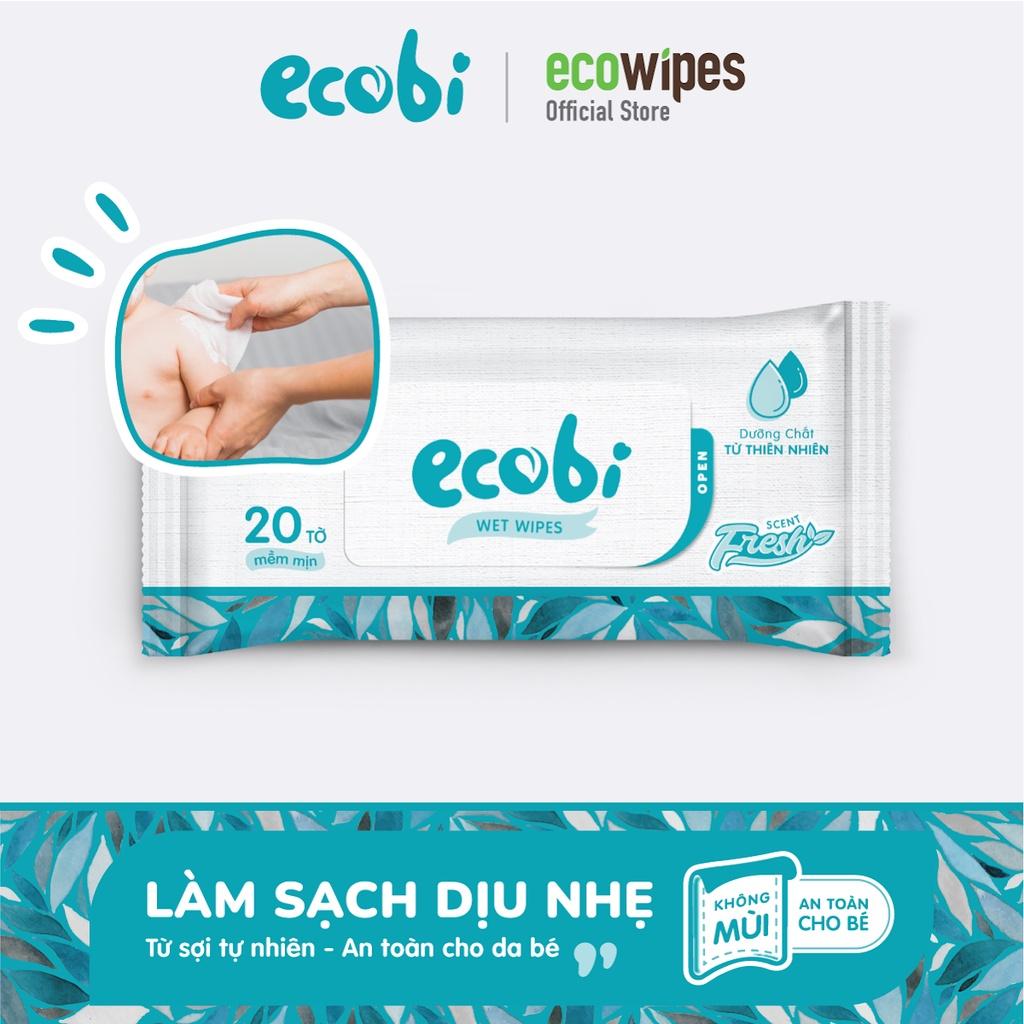 Combo 05 gói khăn ướt Ecobi gói 20 tờ không mùi không cồn không paraben an toàn cho da của bé