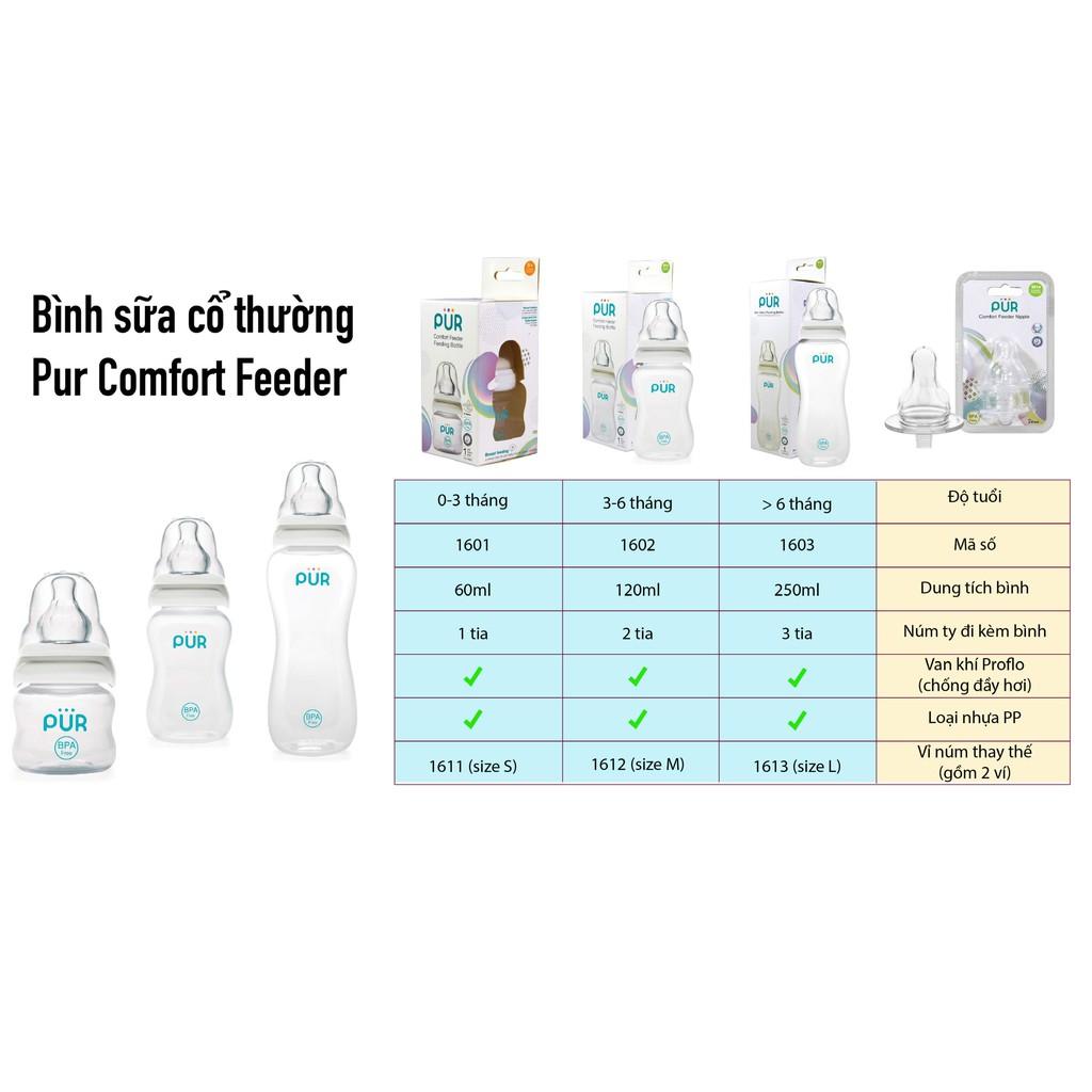 Combo bình sữa cổ thường Pur Comfort Feeder 250ml kèm núm + vỉ 2 núm 1613 size L