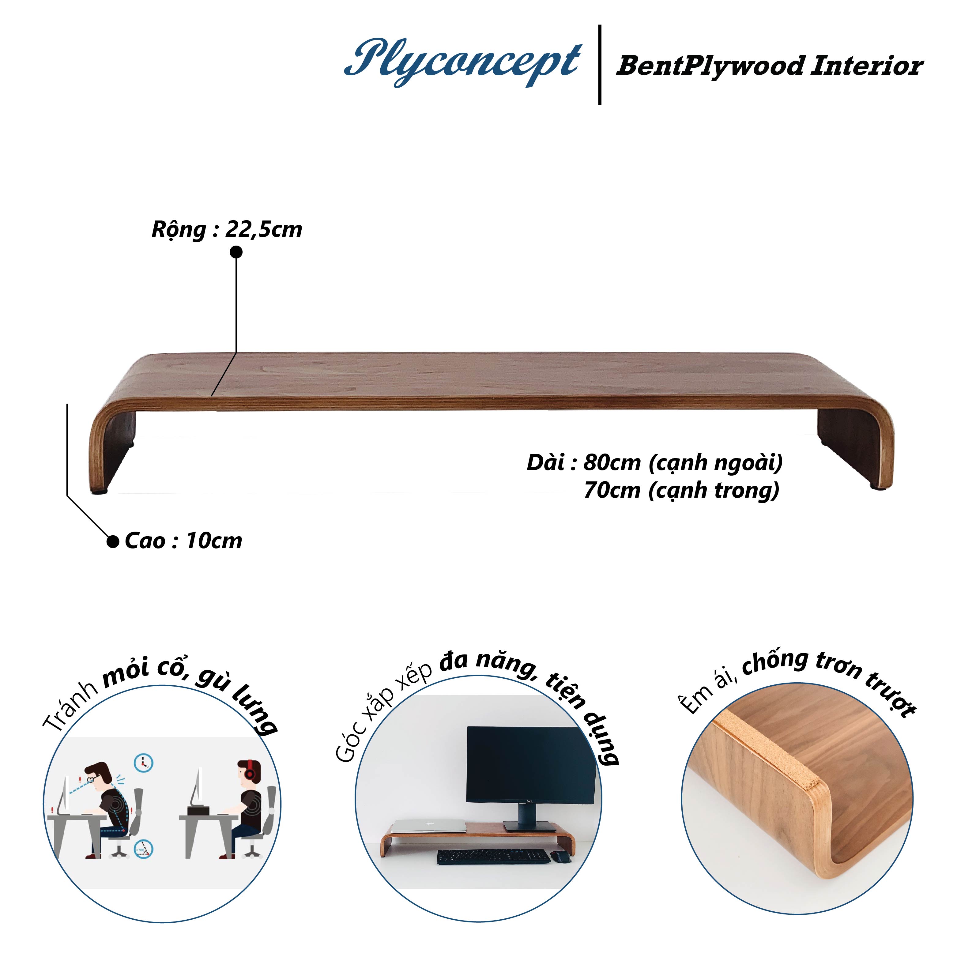 Kệ màn hình máy tính, Kệ Tivi Dài 80 cm, Gỗ uốn cong Plyconcept Monitor Stand U800 - Màu gỗ Walnut