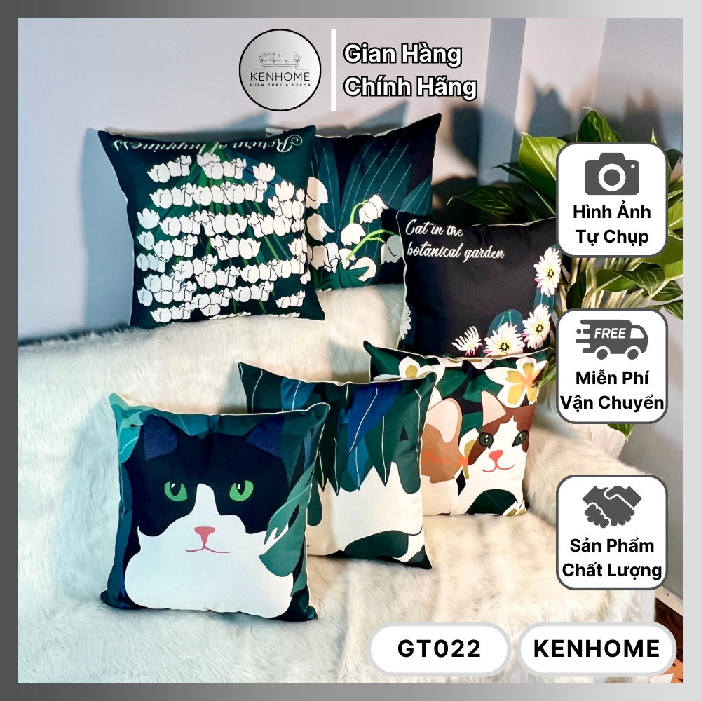 Gối Sofa Họa Tiết Hoa TuLip và Mèo - Gối Tựa Lưng Sofa Nhã Nhặn Cho Phòng Khách, Khách Sạn - Vải Bố Cao Cấp - Kích Thước 45x45cm