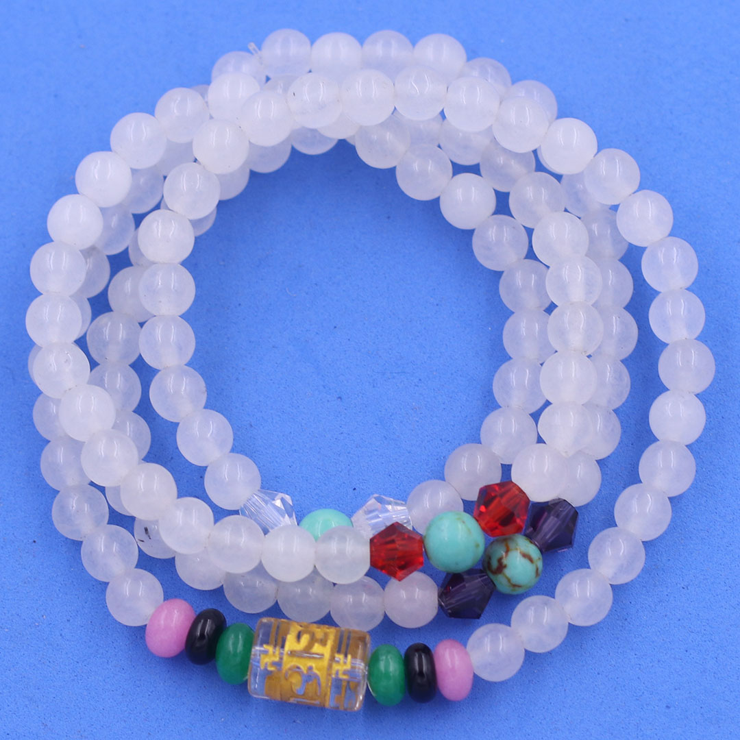 Vòng chuỗi 108 hạt đá thạch anh trắng charm lục tự chân ngôn - hạt 8 ly , vòng chuỗi niệm Phật, vòng chuỗi đeo tay