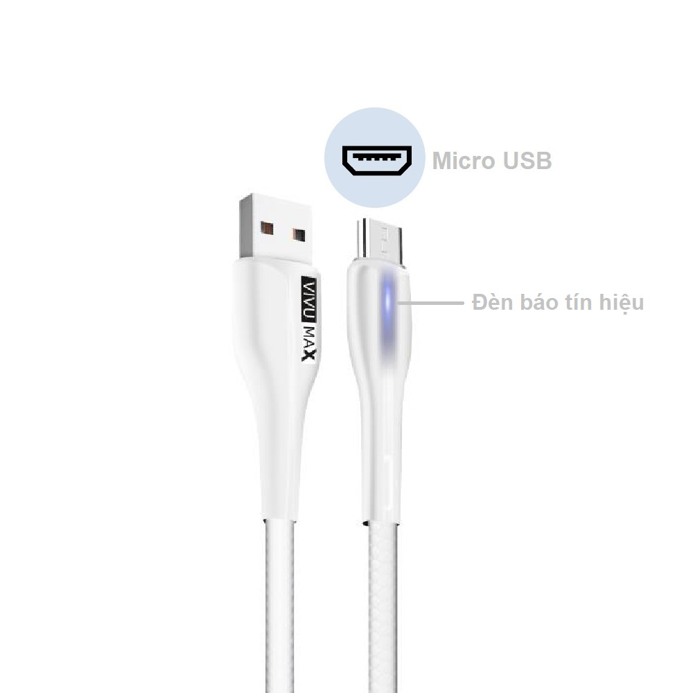 Cáp sạc nhanh và truyền dữ liệu VivuMax M102 đầu sạc đầu sạc Micro USB, tương thích hầu hết các sản phẩm có cổng Micro USB (Android  Samsung/Oppo/Xiaomi/Vsmart/Realme…) - Có đèn LED báo tín hiệu, 1m, Dây PVC cao cấp chống cháy – Hàng Chính Hãng