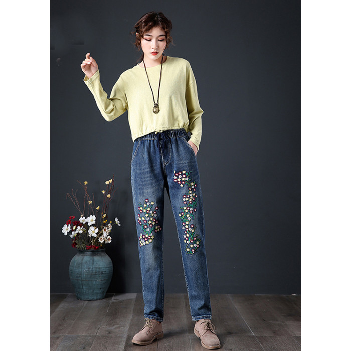 Quần bò dáng thụng Big size cotton mềm thêu hoa dễ thương QBD21