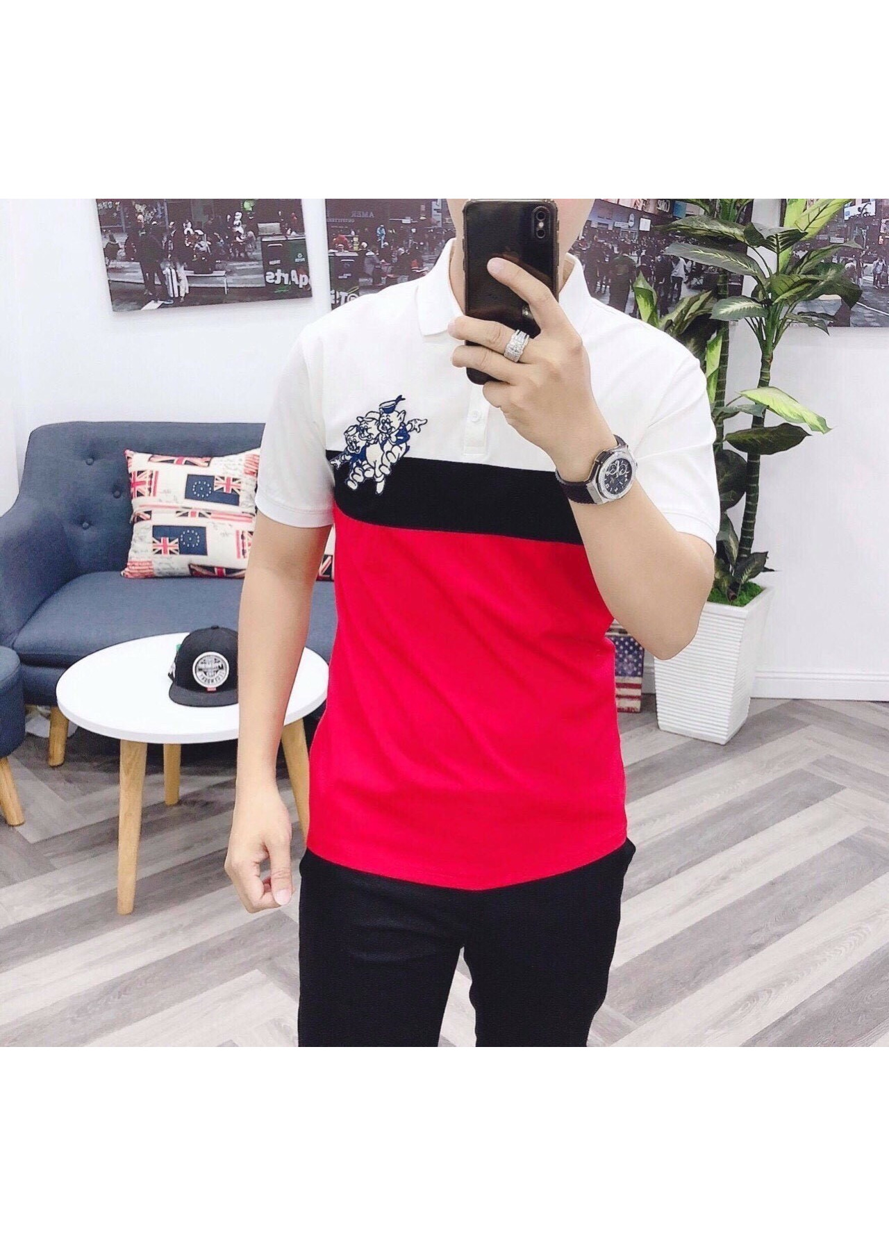 Áo Thun Nam Ngắn Tay Phối Thân Vải Cotton