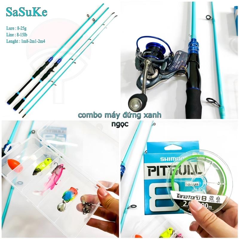 Bộ cần câu lure đứng carbon SaSuKe xanh ngọc máy câu pioner CM 2000 tặng bộ mồi câu và dây pe