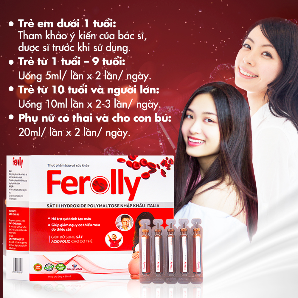 Thực Phẩm Bảo Vệ Sức Khỏe Ferolly Bổ Sung Sắt, Cải Thiện Tình Trạng Thiếu Máu Hộp 20 ống