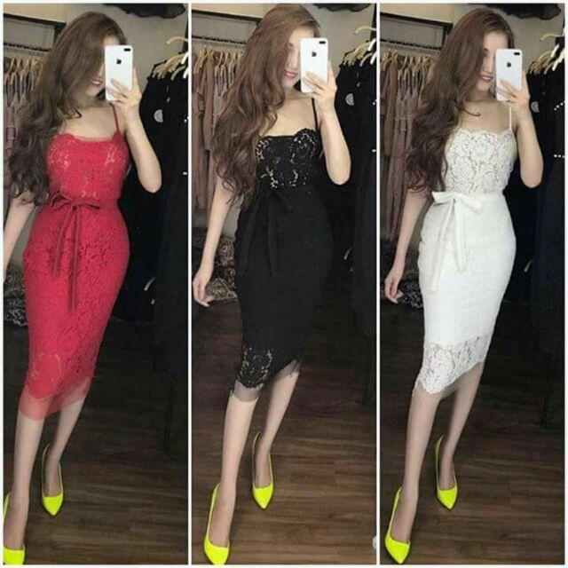 Đầm body ren 2 dây thắt nơ