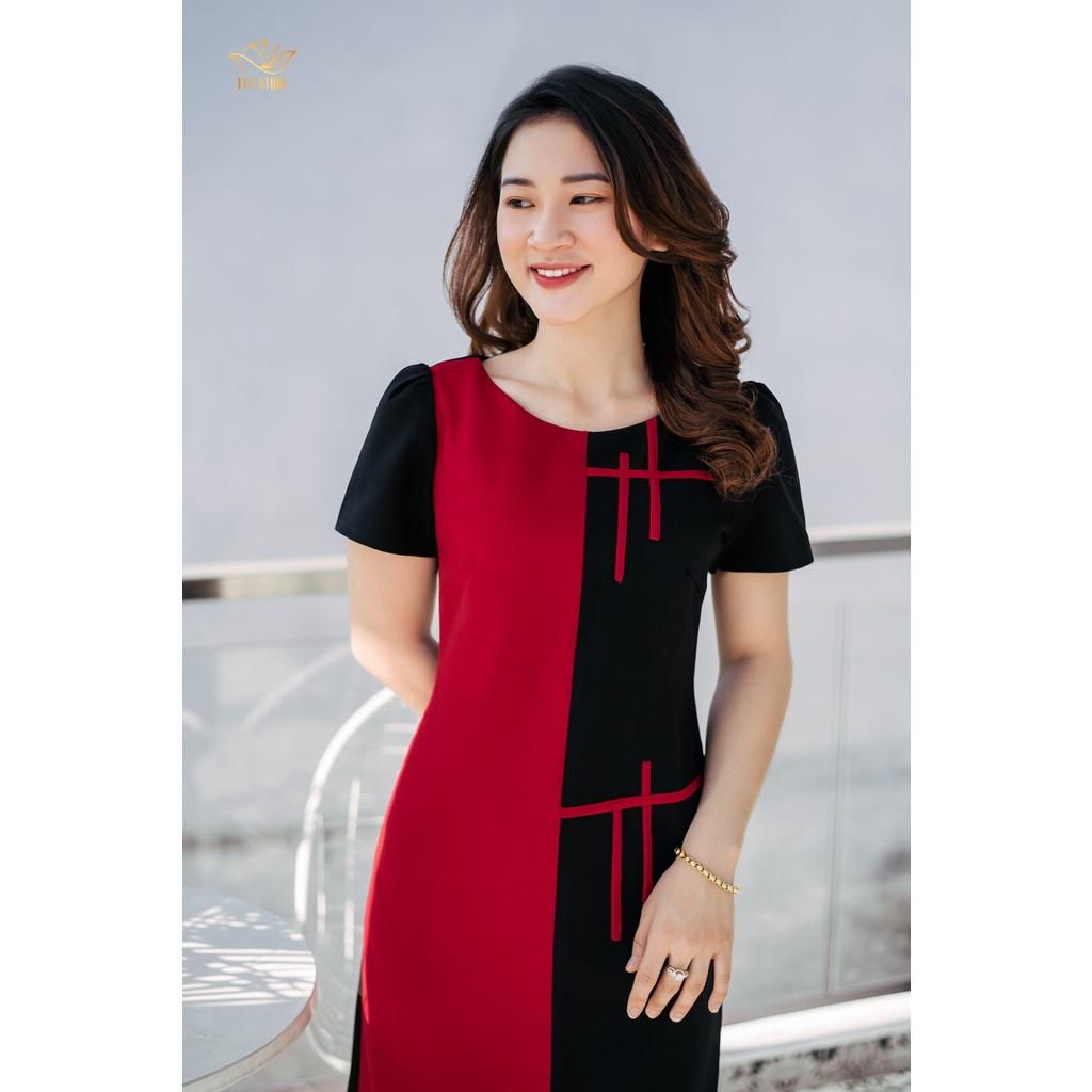 Đầm suông trung niên cao cấp - Cổ tròn tay ngắn - Đen phối đỏ - TTV856 TTV Store