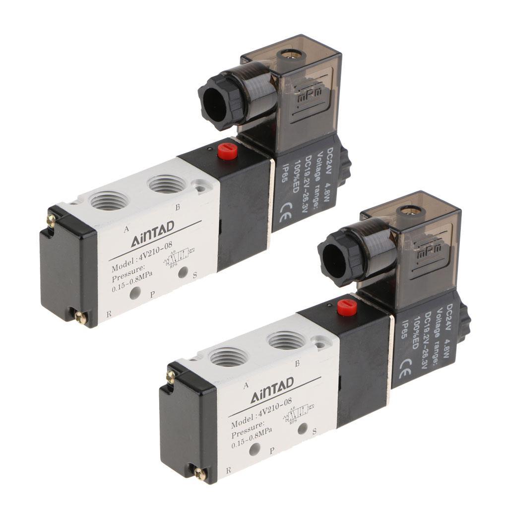 2 Pcs 4V210-08 Solenoid Valve 5 Way 2 Position Pneumatic Air-Operated 1/4'' BSPT 24V