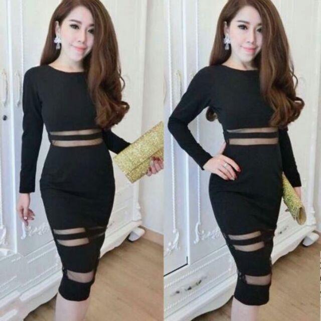 Đầm body tay dài phối voan lưới