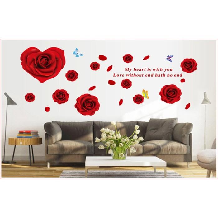Decal dán tường hoa hồng đỏ 3D