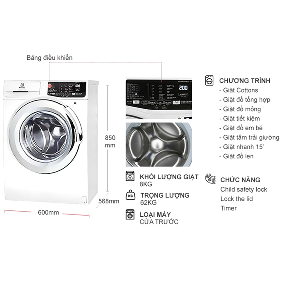 Máy Giặt Cửa Trước Inverter Electrolux EWF8025BQWA - Hàng Chính Hãng