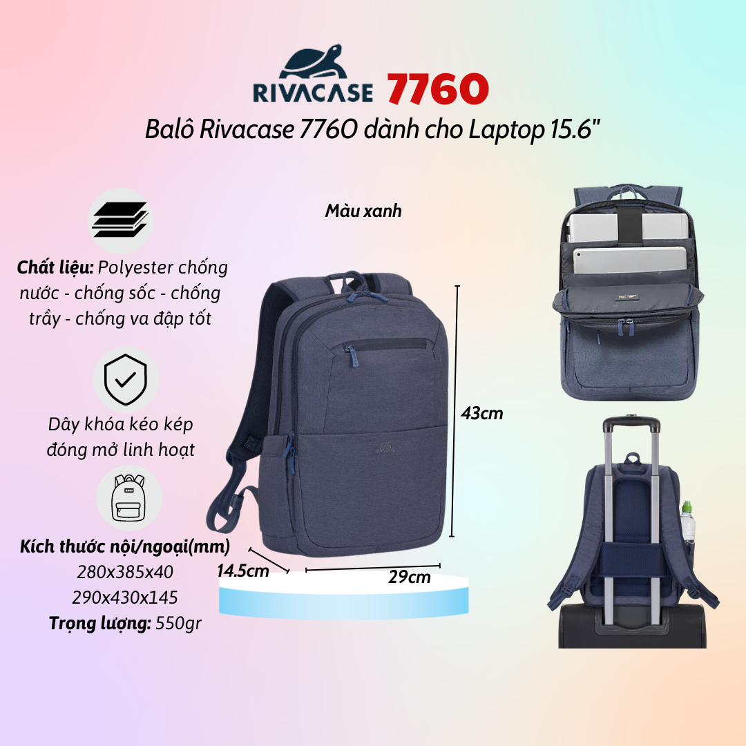 Balô Rivacase 7760 Để Vừa Laptop 15.6&quot; - Bảo Hành 24 Tháng - Hàng Chính Hãng