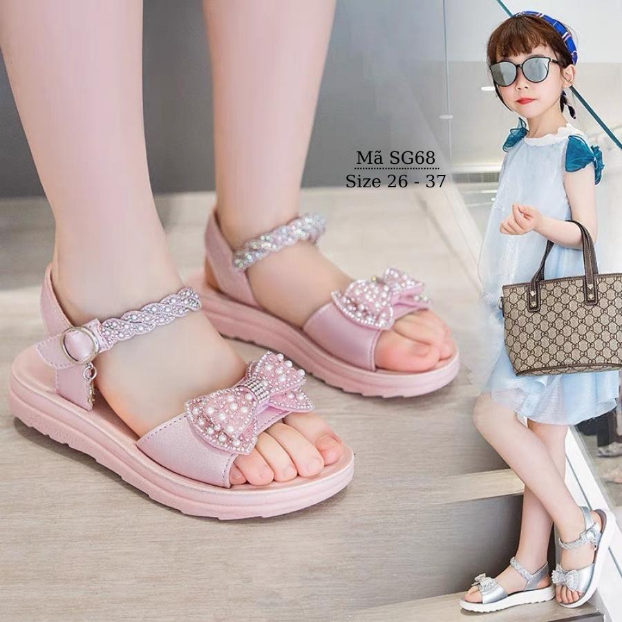 Giày sandal trẻ em - Dép quai hậu quai ngang gắn nơ tiểu thư công chúa chất da mềm đế chống trơn trượt phong cách Hàn Quốc cho bé gái 3, 4, 5, 6, 7, 8, 9, 10, 11, 12 tuổi đi học đi biển thời trang và cá tính NHÍM SHOP SG68