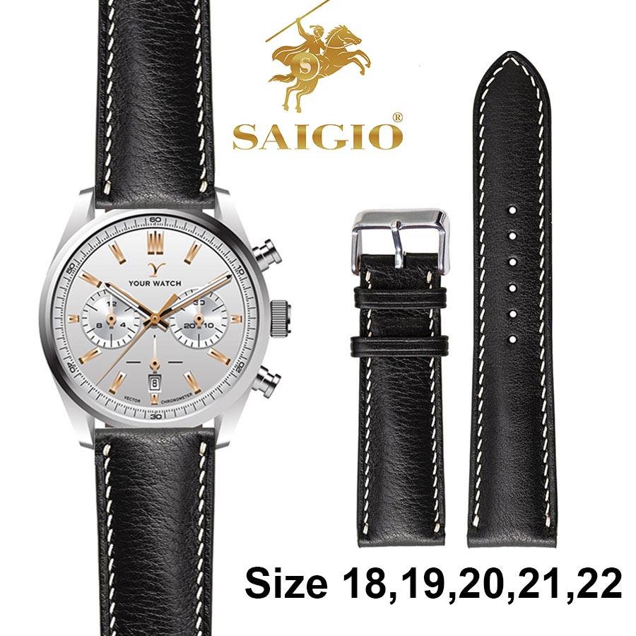 Dây Đồng Hồ Da Bò Cao Cấp, Kiểu Dáng Cổ Điển – Chỉ Trắng, Mặt Lót Chống Thấm Mồ Hôi, Tích Hợp Lớp Gia Cố Chống Giãn Đặc Biệt, Phụ Kiện Khóa và Chốt Bằng Thép Không Gỉ 316L – Hàng Chính Hãng SAIGIO – Đen  Khóa Bạc – 20-18mm