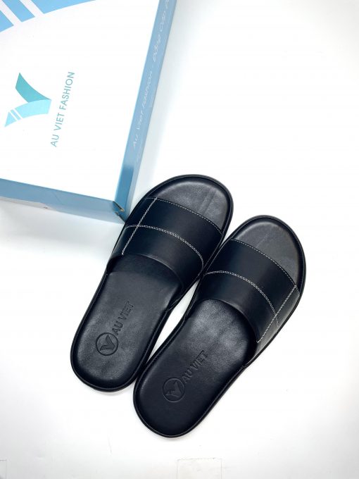 Dép da quai ngang cao cấp, dép boy phố, dép nam đẹp 2023 AVF 01 Âu Việt Fashion đế cao su đúc nguyên khối chống trơn trượt cực êm - Đen - 41