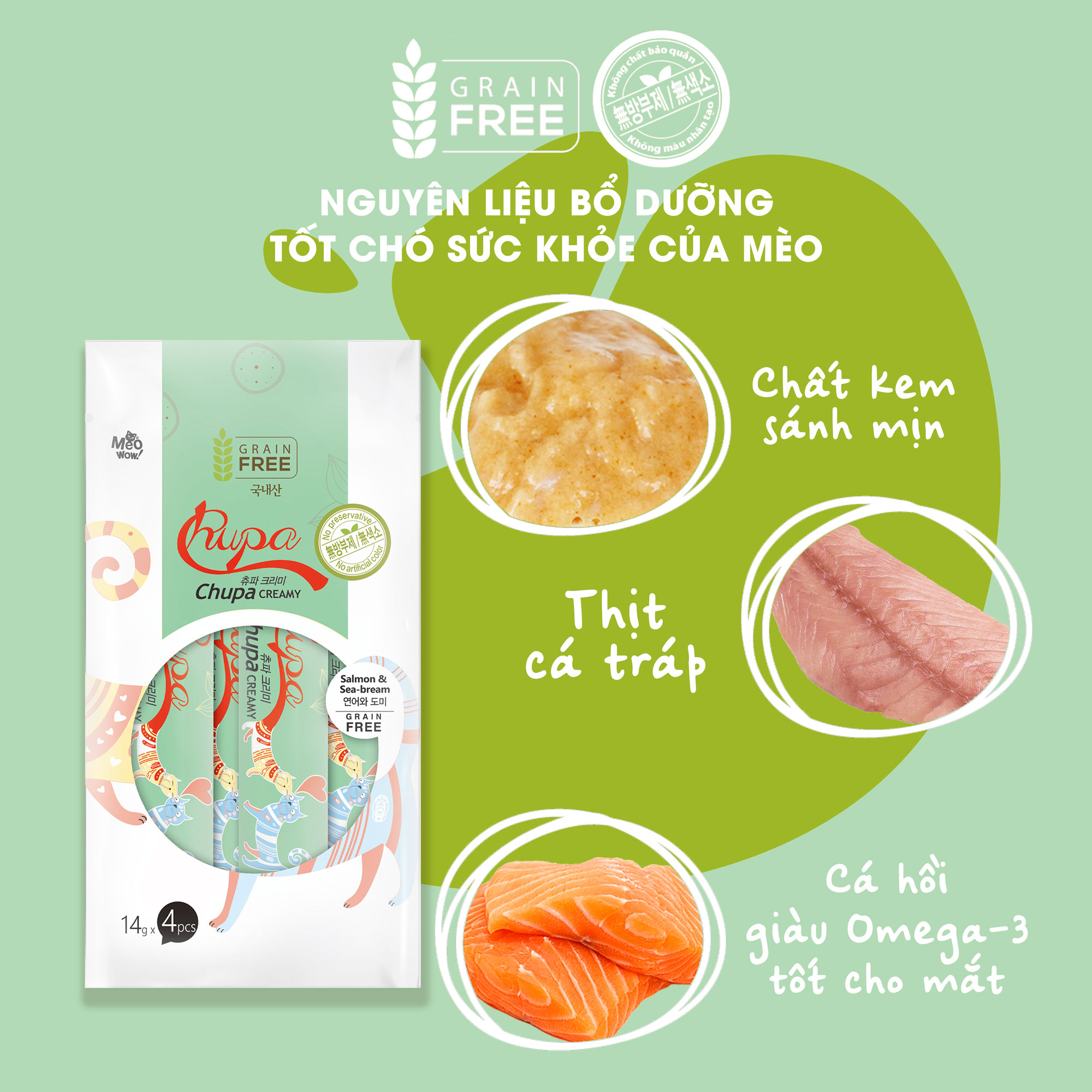 Xốt dinh dưỡng cho mèo Chupa Creamy Cá hồi và Cá tráp | 100% thịt thật | Grain Free | Tốt cho tim mạch và trí não