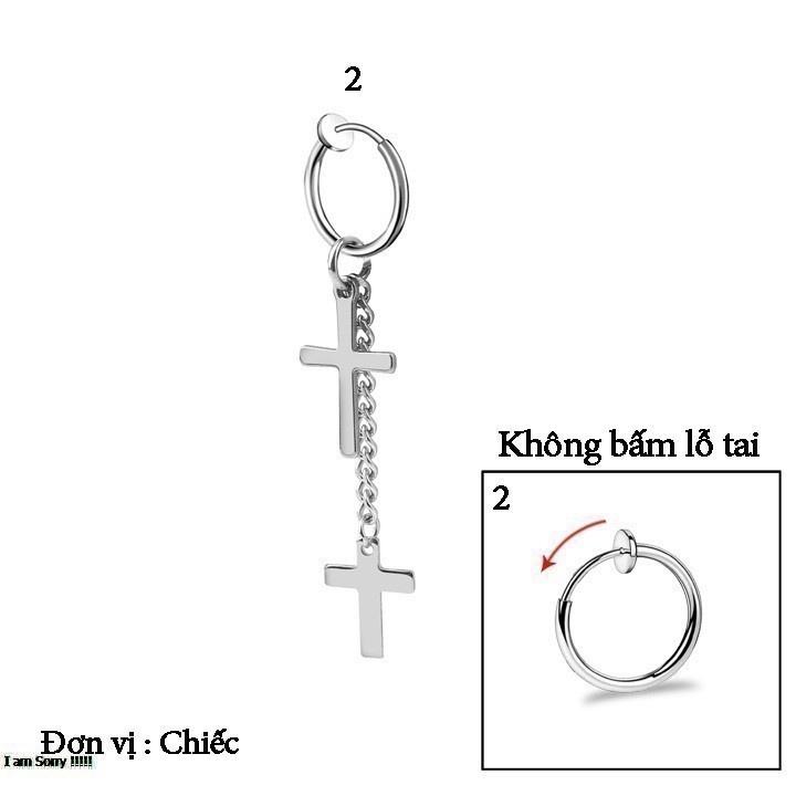 Bông tai nam inox cao cấp 1 chiếc Kpop thép không gỉ không bấm lổ tai thánh giá tòn ten