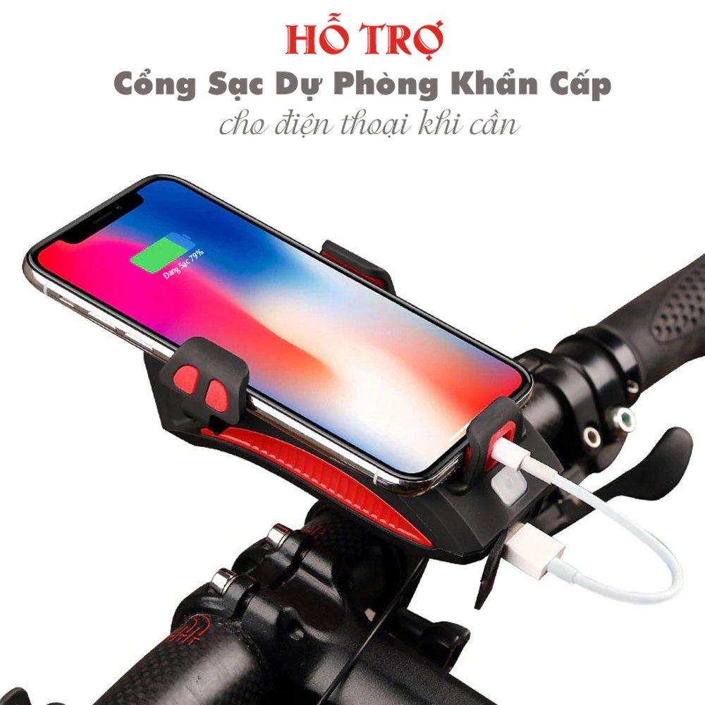 Đèn pin xe đạp thể thao HANBIKE siêu sáng chống nước kèm còi sạc usb có kẹp điện thoại tiện dụng có ảnh thật