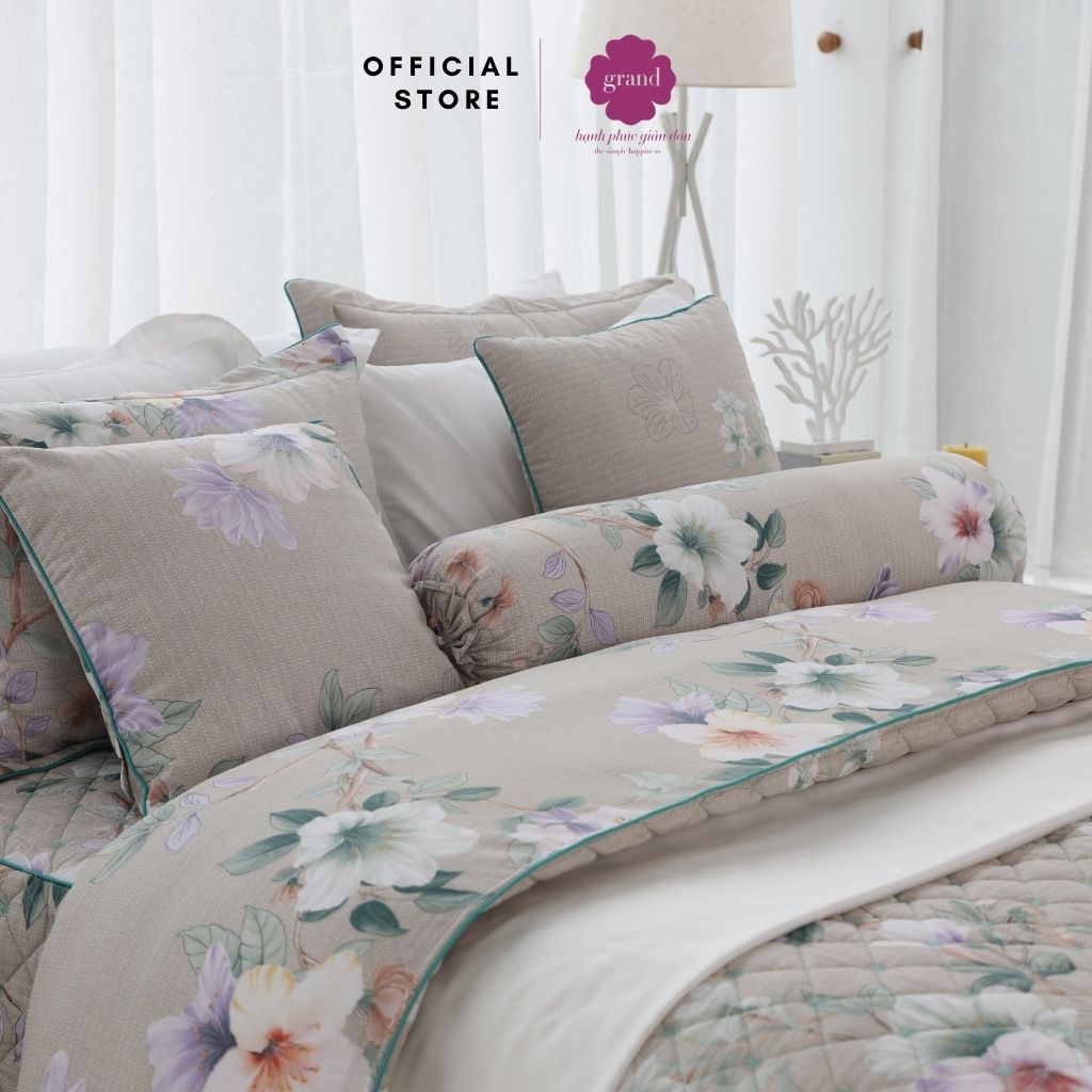 Vỏ gối ôm 100% cotton thiên nhiên Hàn Quốc by GRAND, kích thước 33x100, họa tiết hoa trang nhã, hiện đại