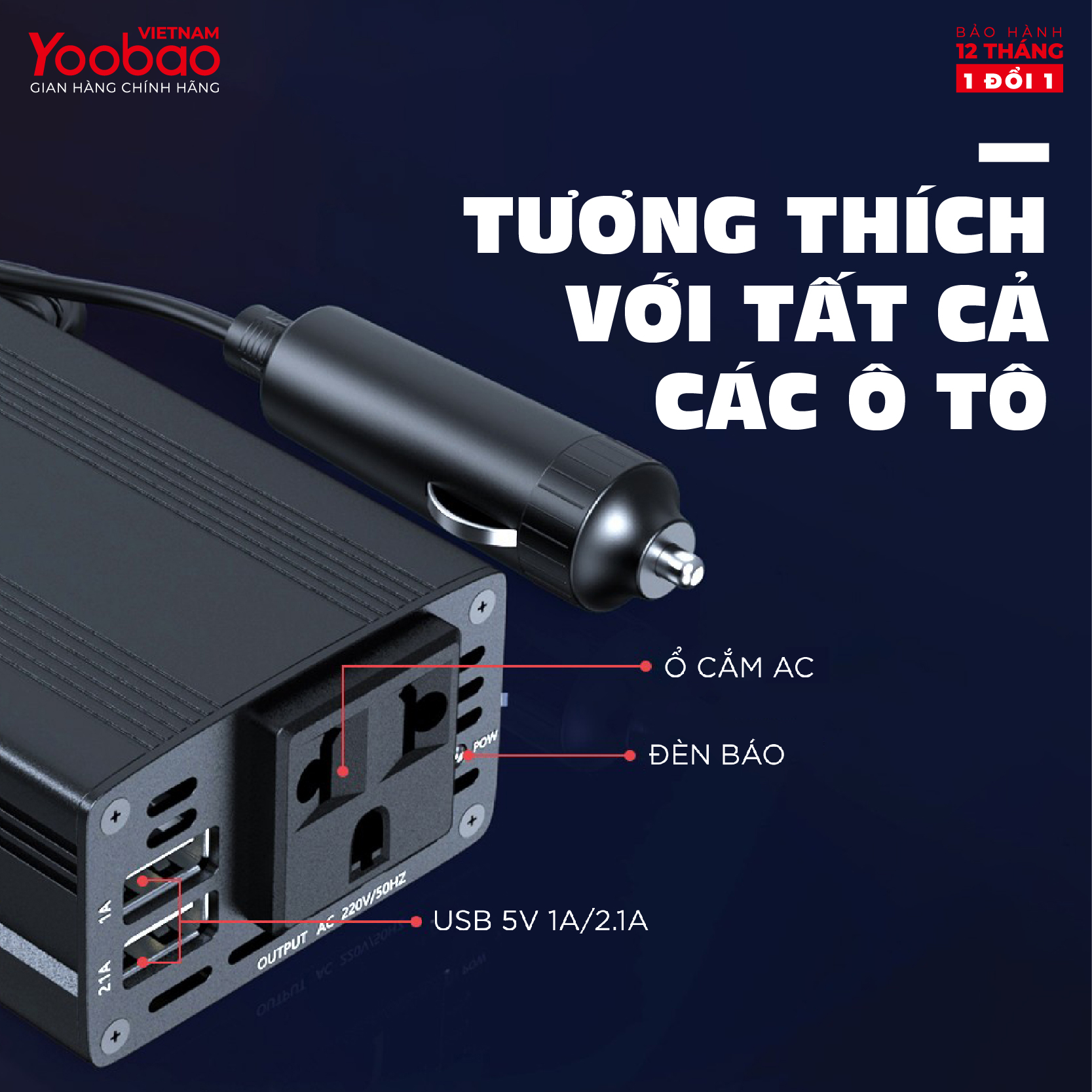 Bộ biến tần ô tô Yoobao 150W từ 12V sang 220V - Hàng chính hãng