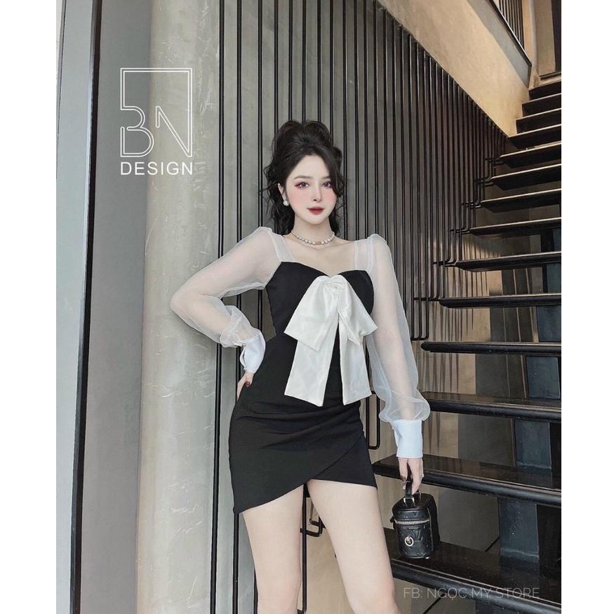 Đầm váy nữ cổ vuông tay dài phối lưới ngực tết nơ from ôm body tà chéo sexy, quyến rũ thời trang nữ dự tiệc