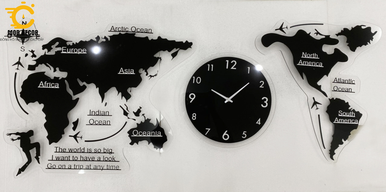 Đồng Hồ Treo Tường Hình Map màu đen decor phòng khách sang trọng BDD