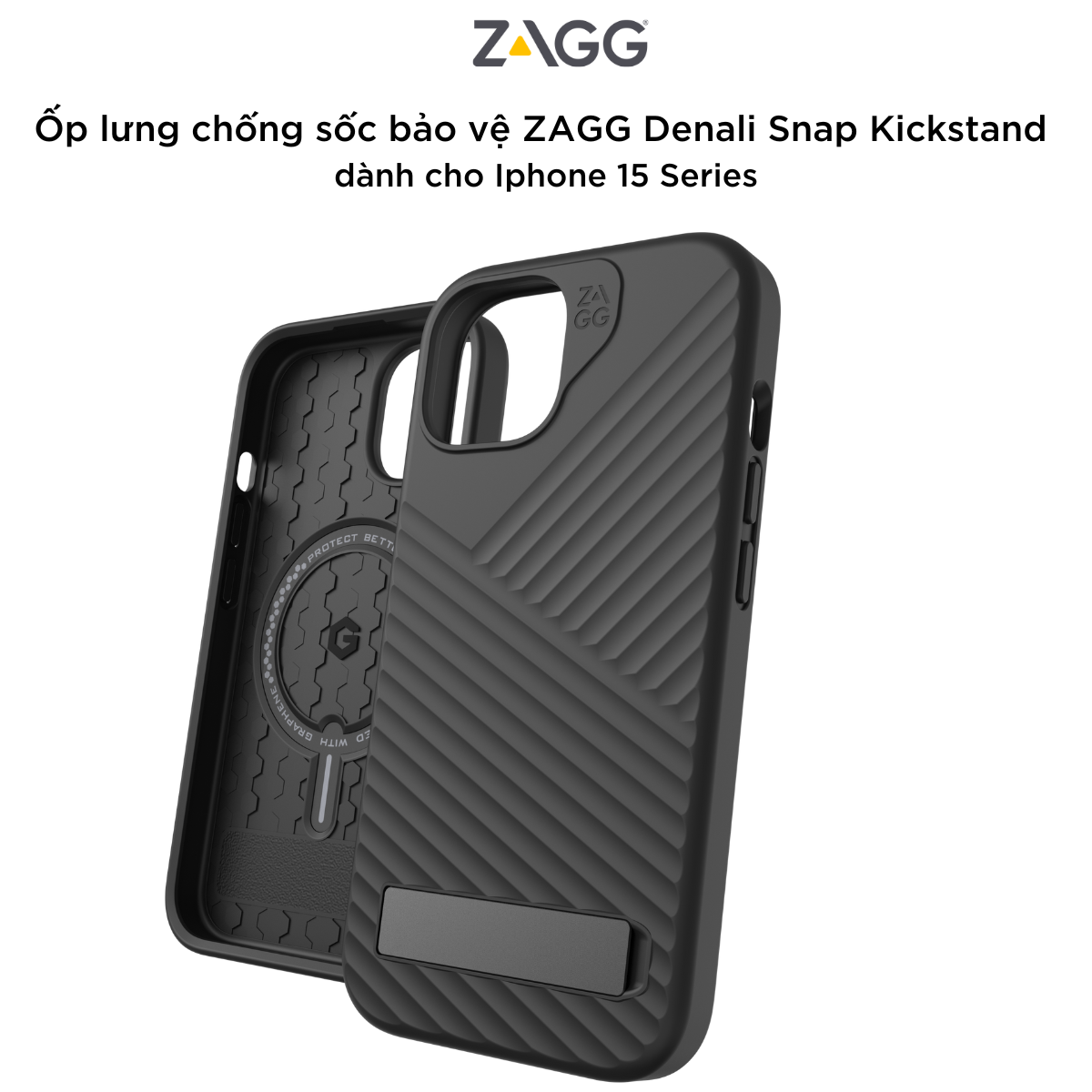 Ốp lưng bảo vệ ZAGG Denali Snap Kickstand cho iPhone 15 Series - chống sốc tới 5m - bảo hành 1 năm - Hàng chính hãng