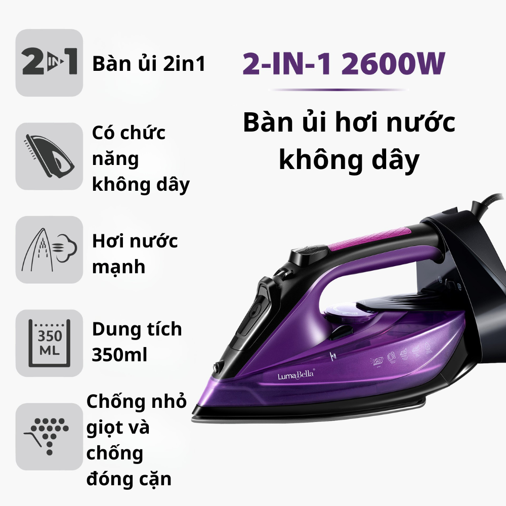 Bàn là, bàn ủi hơi nước cầm tay Lumabella LB-61013 công suất 2200W, mặt bàn ủi chống dính sử dụng với mọi vải - HÀNG CHÍNH HÃNG