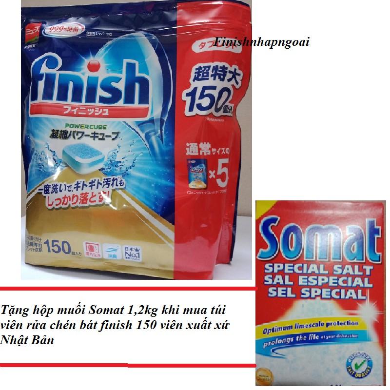 Tặng gói muối làm mềm nuớc Somat 1,2kg khi mua túi viên rửa chén bát Finish 150 viên Nhật Bản