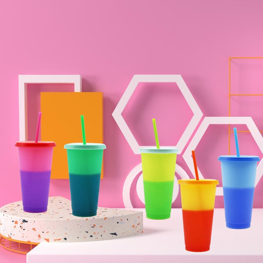2X 5 Pack 720ml Color Changing Cups Plastic Cold Beverage Cups Mugs with Lids