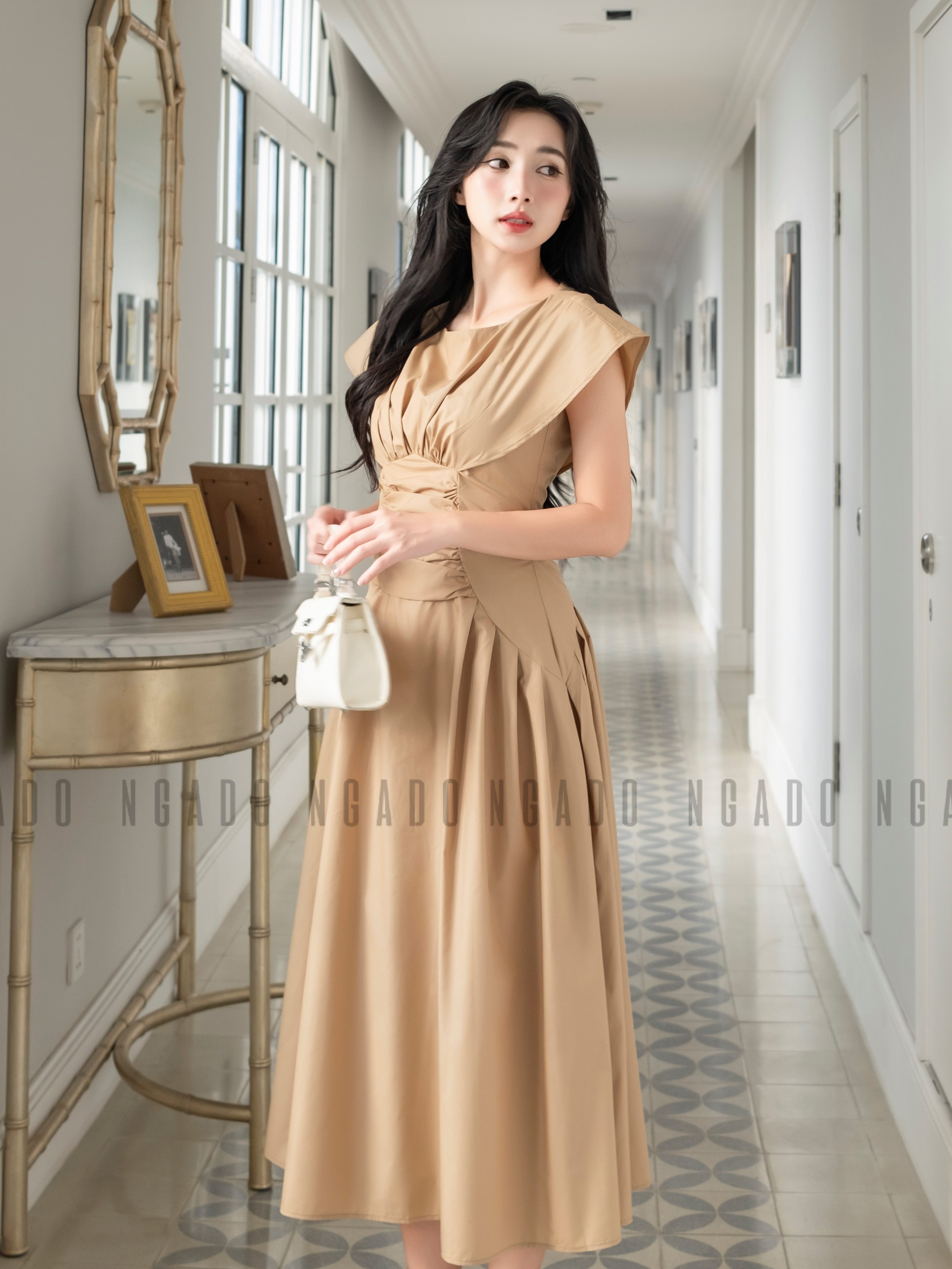Đầm nâu nhúng eo ngắn tay NGADO, Đầm dự tiệc sang chảnh, Đầm thiết kế
