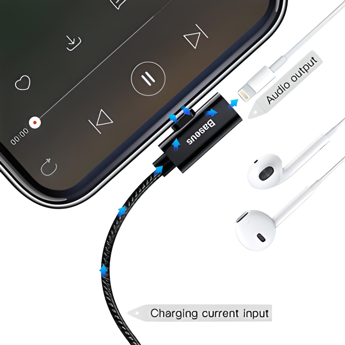 Dây cáp sạc nhanh 2.1A kiêm khe cấm jack tai nghe cho iPhone / iPad hỗ trợ vừa sạc vừa nghe nhạc hiệu Baseus Entertaining Audio Cable (chip sạc thông minh, đầu cắm Elbow) - hàng nhập khẩu