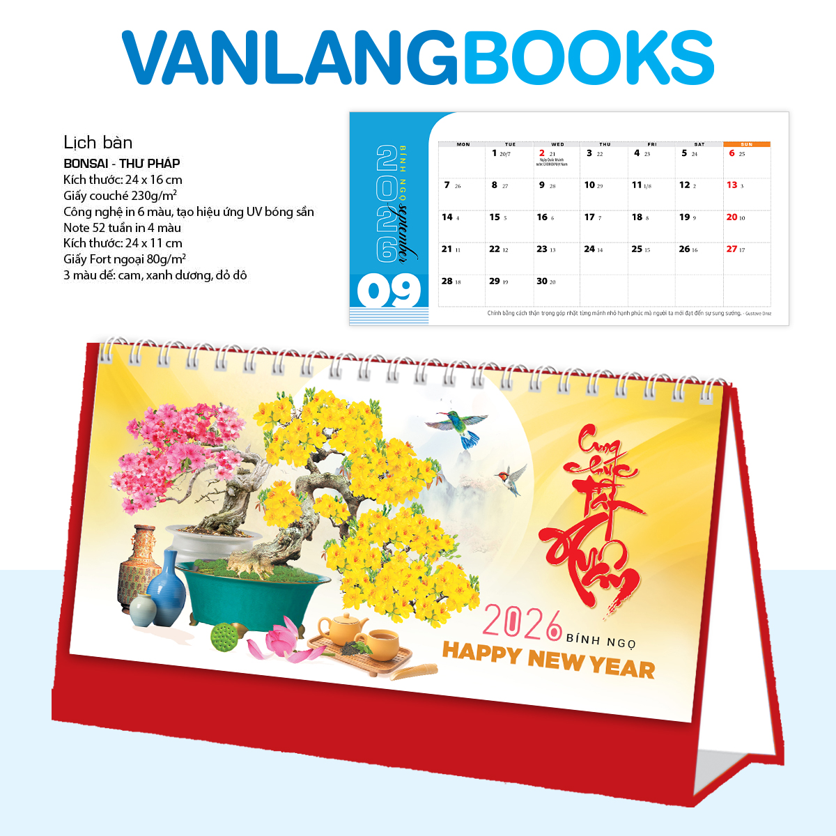 Lịch Bàn 2026 Vanlangbooks - Bonsai &amp; Thư Pháp VLLB17A - Màu Đỏ