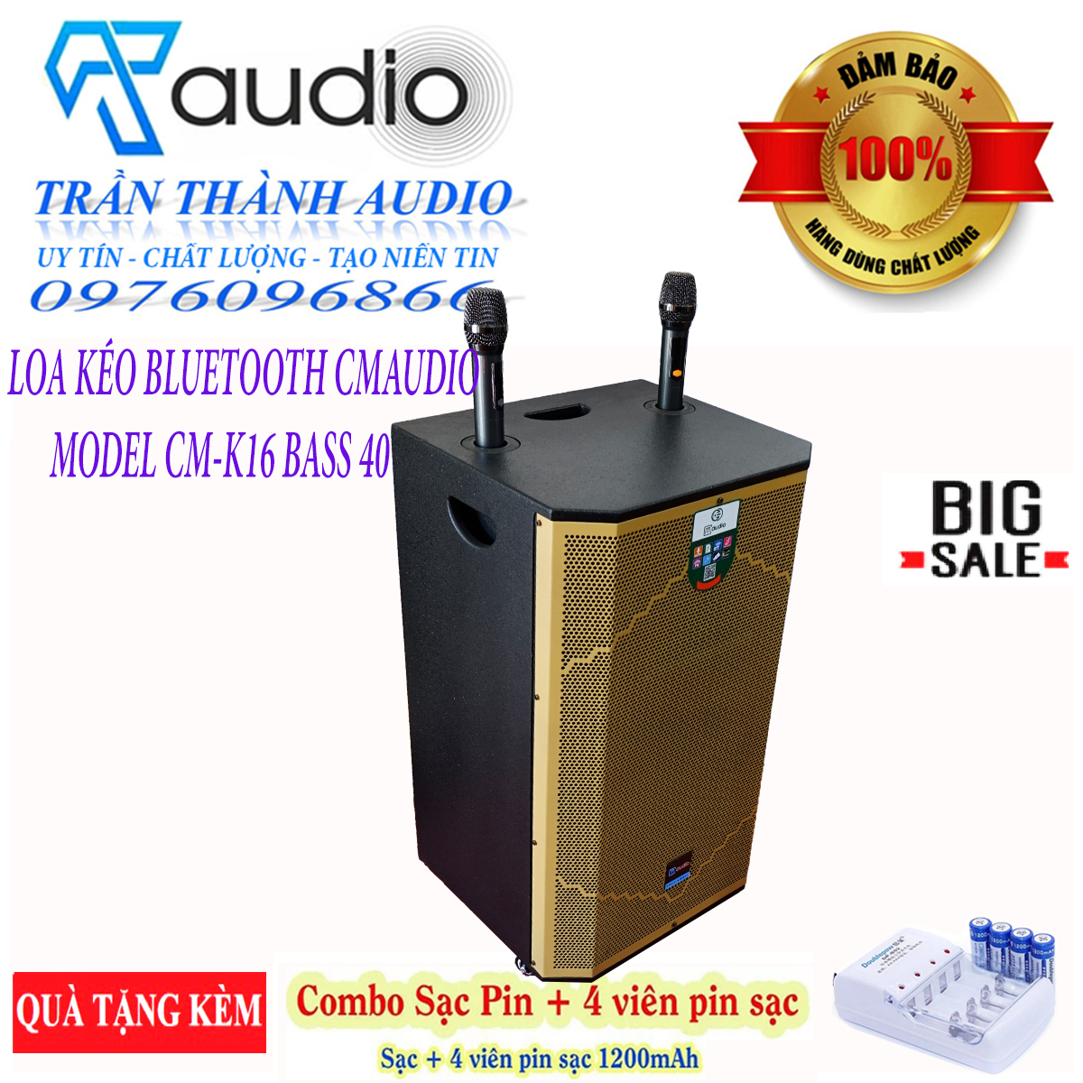 Loa kéo karaoke CMAUDIO Model K16 bass 40,hàng chính hãng nhập khẩu 2023,tặng bộ sạc không dây và 4 quả pin1200mah