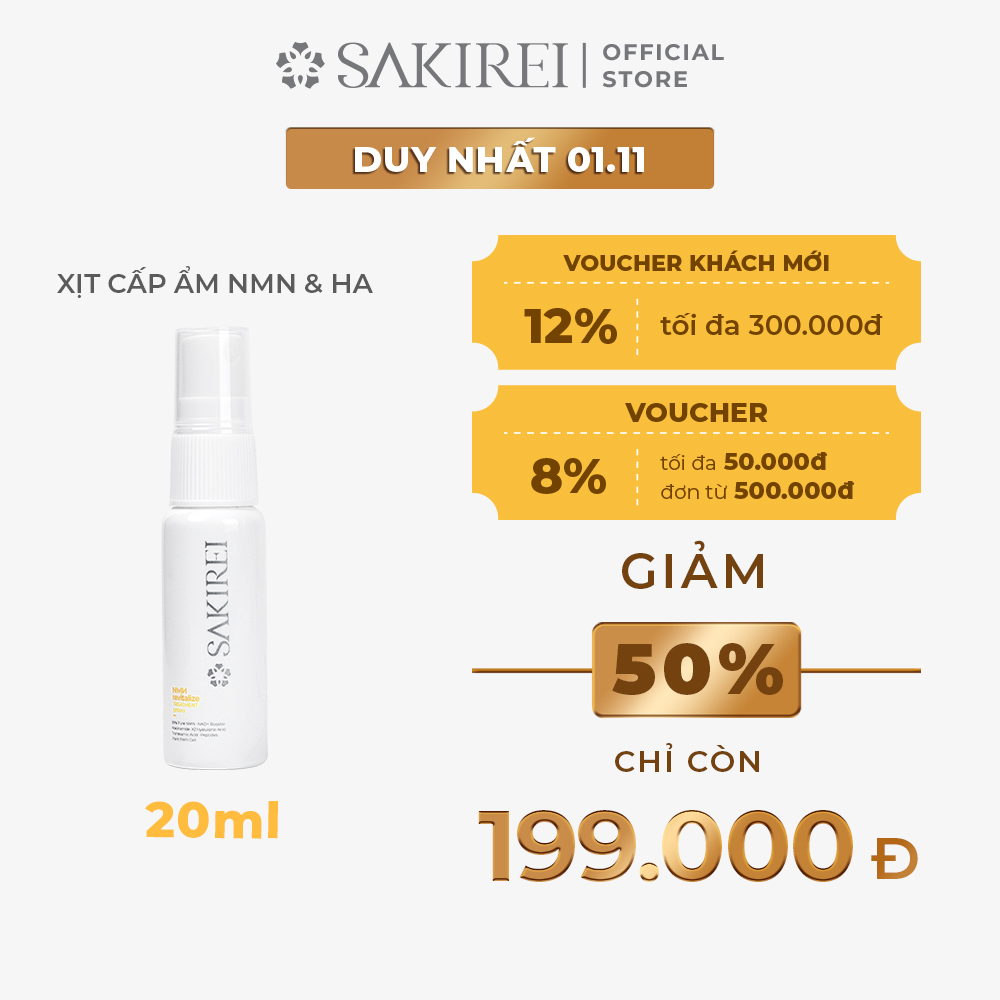 Xịt NMN &amp; HA chống lão hóa, cấp ẩm, phục hồi tế bào da Sakirei NMN Revitalize Treatment Spray 20ml