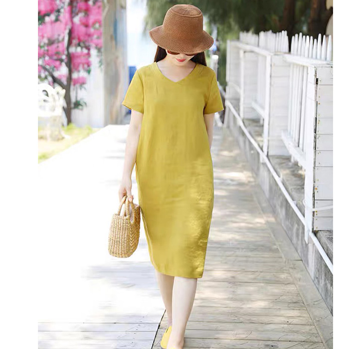 Đầm suông linen cổ tim tay ngắn trẻ trung ArcticHunter, thời trang thương hiệu chính hãng