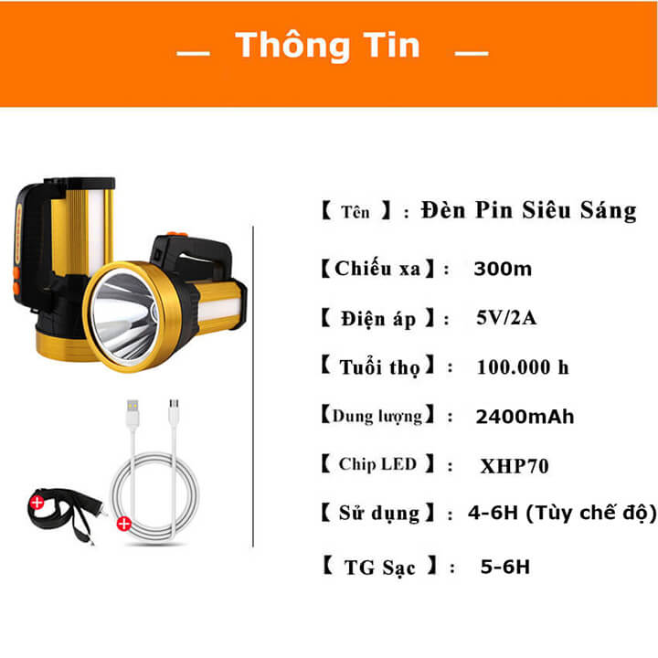 Đèn pin cầm tay siêu sáng chiếu xa 300m, pin trâu, chống thấm nước, đèn bin cầm tay 6 chế độ kèm dây đeo tiện lợi